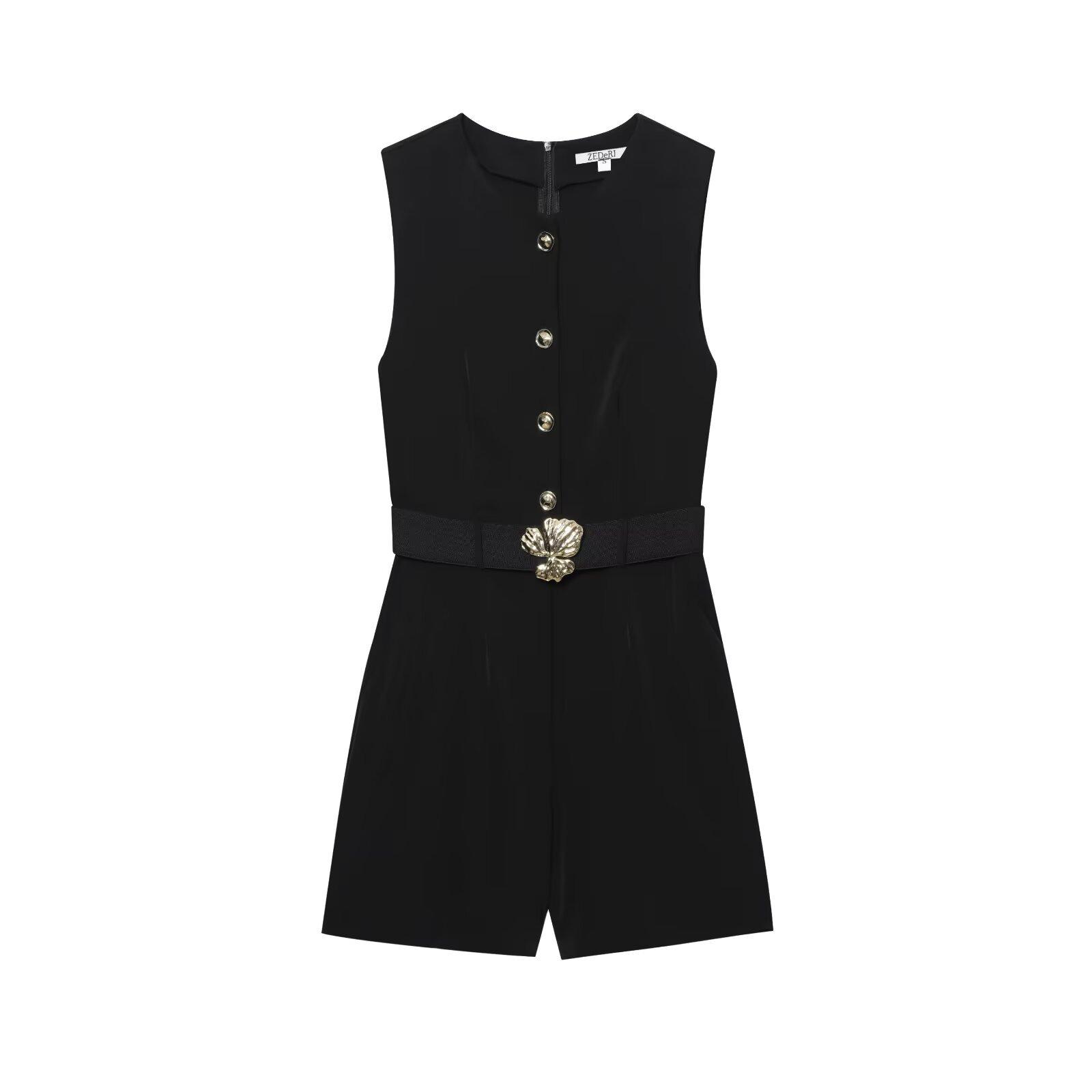 

Летний стиль 2025 года с декоративным поясом, приталенный, модный комбинезон без рукавов XS