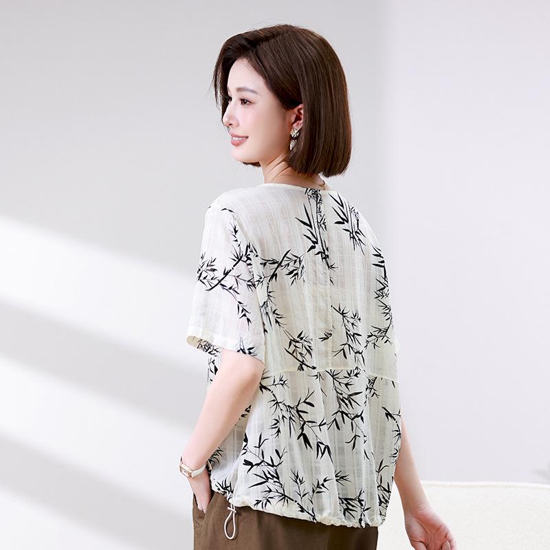 Blusa de Chifón de Verano para Mujer 2025: Estampado Retro Estilo Chino, Manga Media, Corte Holgado, Rejuvenecedor, Top Cómodo