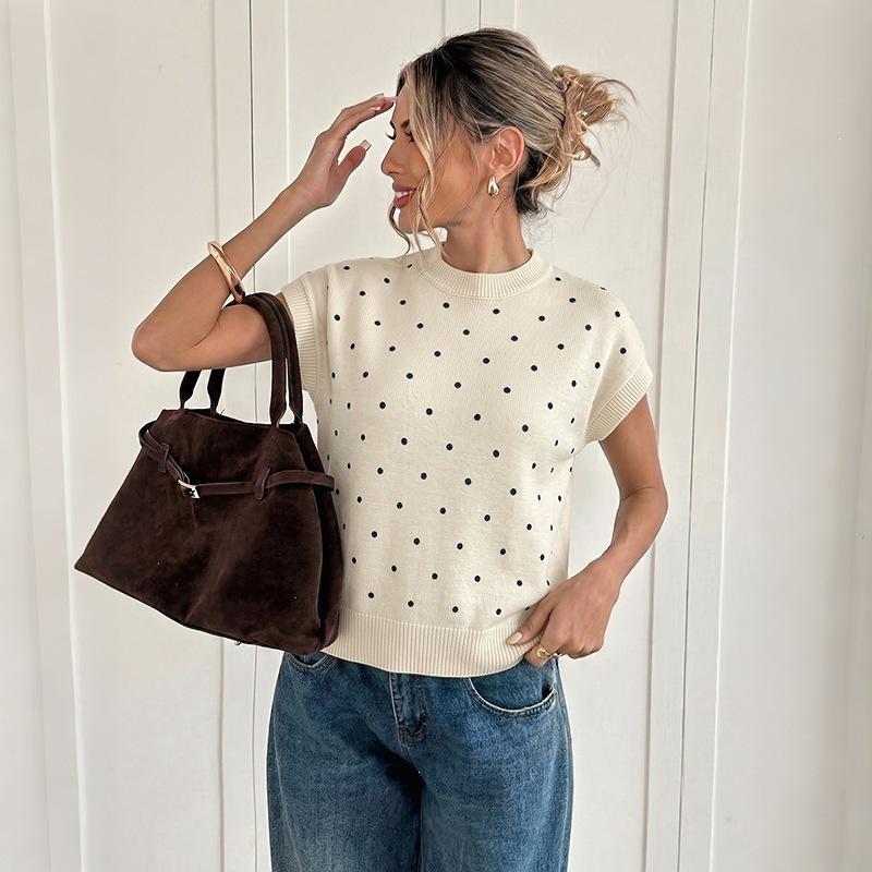 2026 Autumn Women's Polka Dot Knit T-Shirt: Round Neck, Short Sleeve, Loose Fit Sweater Style
