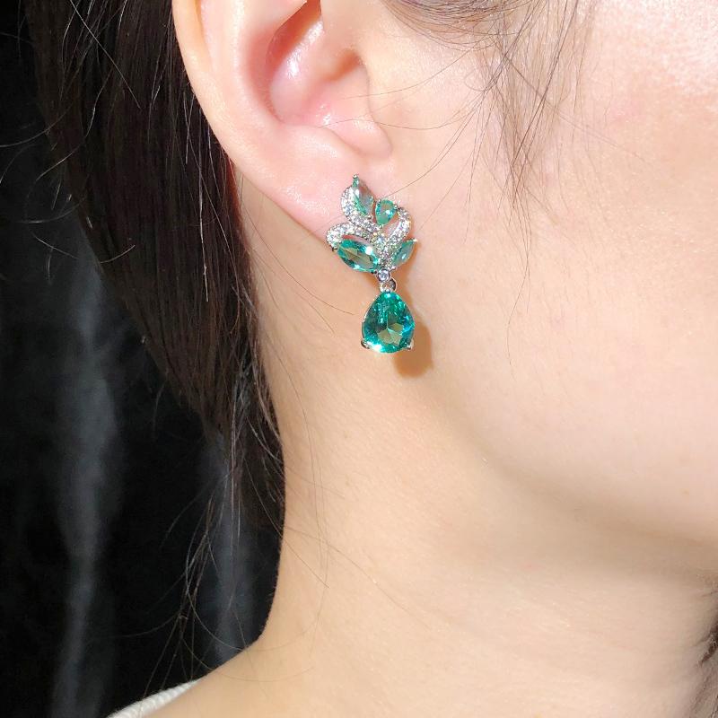 Chic Bright Blue Waterdrop CZ Cubic Zircon Crystal Leaf Pendant Necklace and Earrings Ladies Jewelry Set Fashion Korean Style
