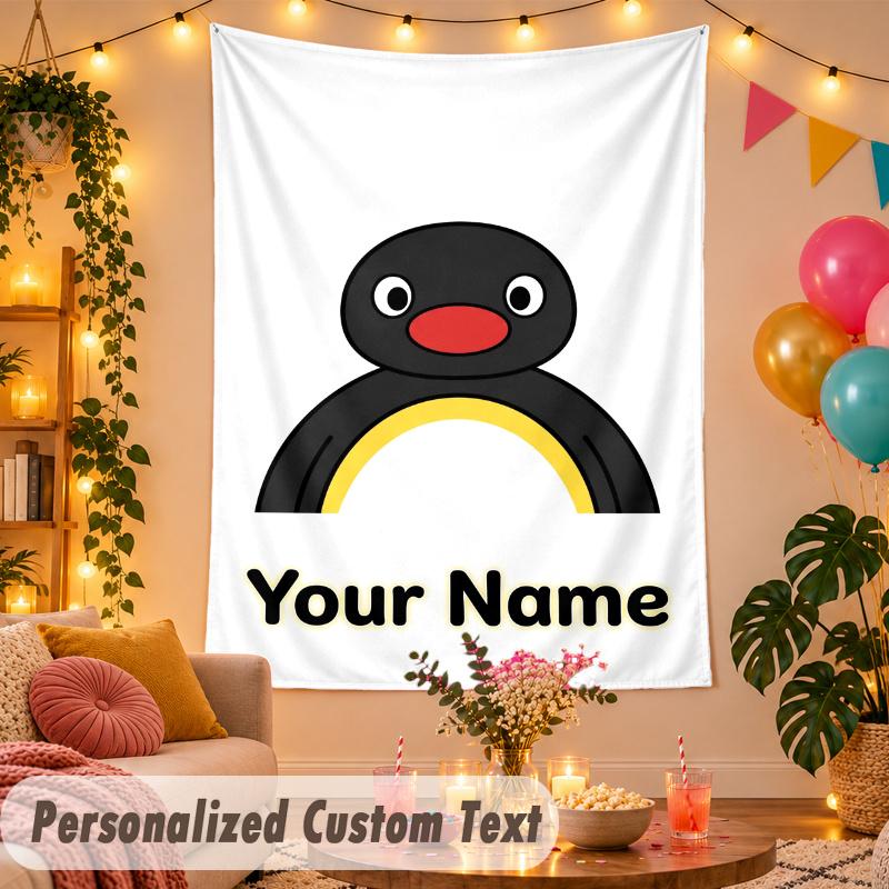 Pingu Personalized Wall Tapestry Custom Name Text Polyester Hanging Decor Home Room