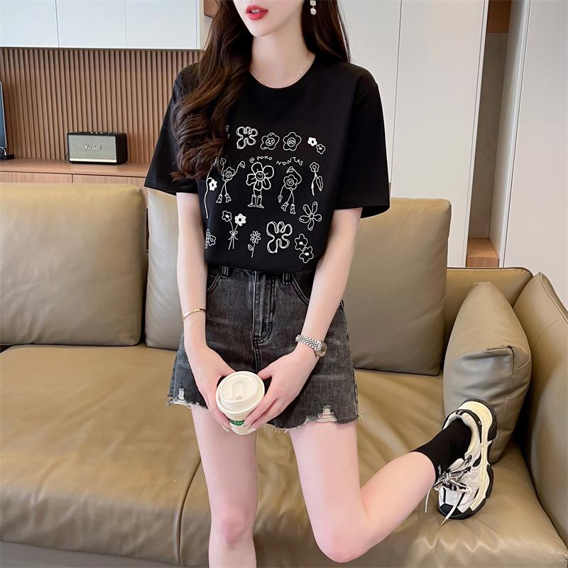 Pure Cotton Printed Flower Letters Summer Versatile Simple Korean Loose and Thin Short-sleeved Bottoming Shirt T-shirt Women's Inside