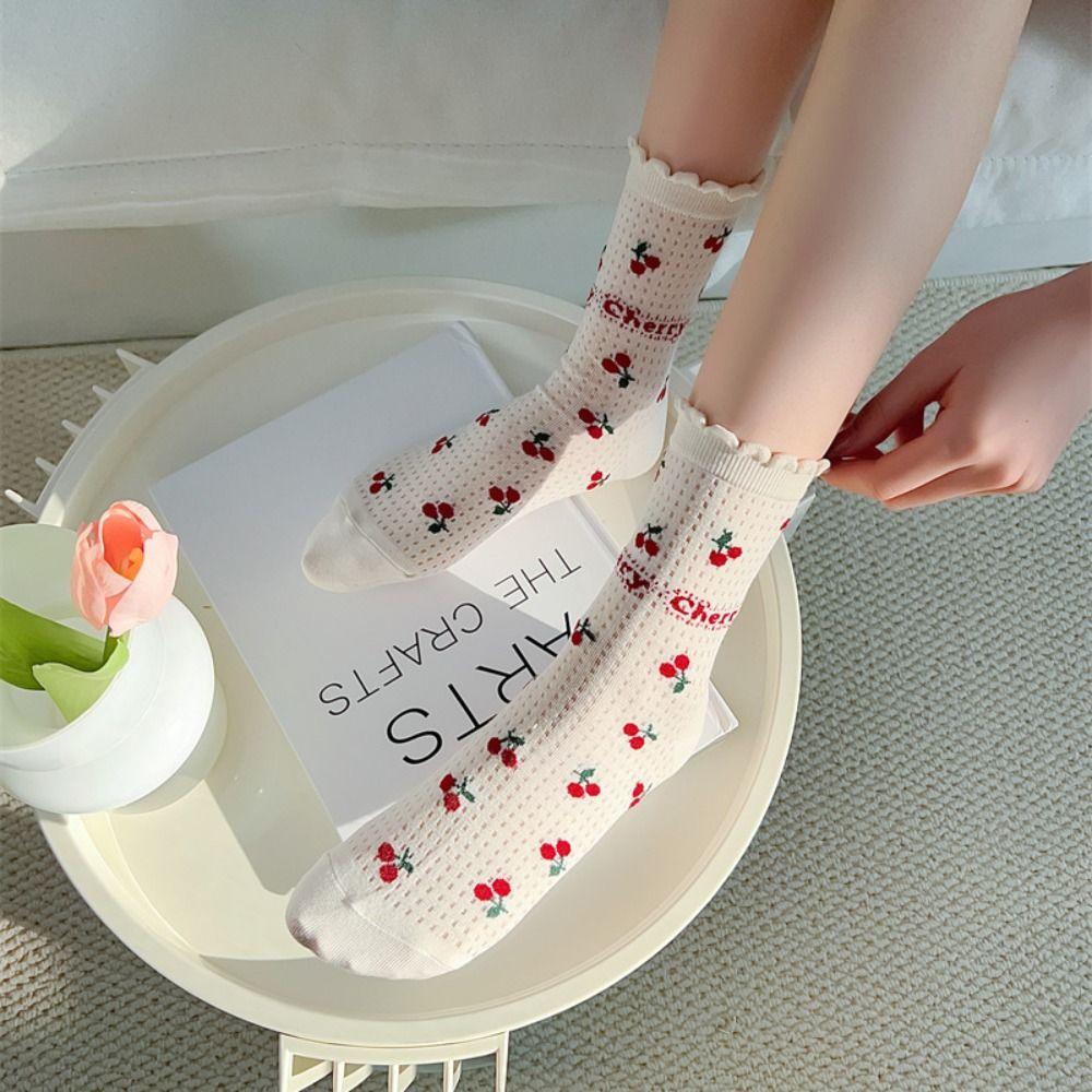 Hollow Out Cherry Short Socks Ruffle Summer Tube Socks Fashion Mesh Ankle Socks  Streetwear