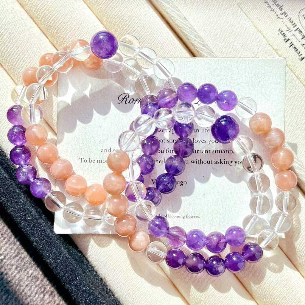 Retro High Quality Natural Vitreous White Crystal Sunstone Amethyst Multi-Circle Bracelet Bracelet