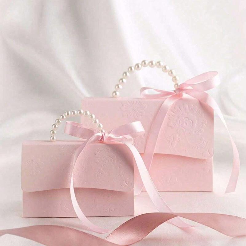 Sacola de Embrulho Simples para Festa, Caixa de Presente de Papel Decorada com Alça de Pérola, Caixa de Embalagem de Presente Rosa Exquisita para Presente de Casamento de Dia dos Namorados
