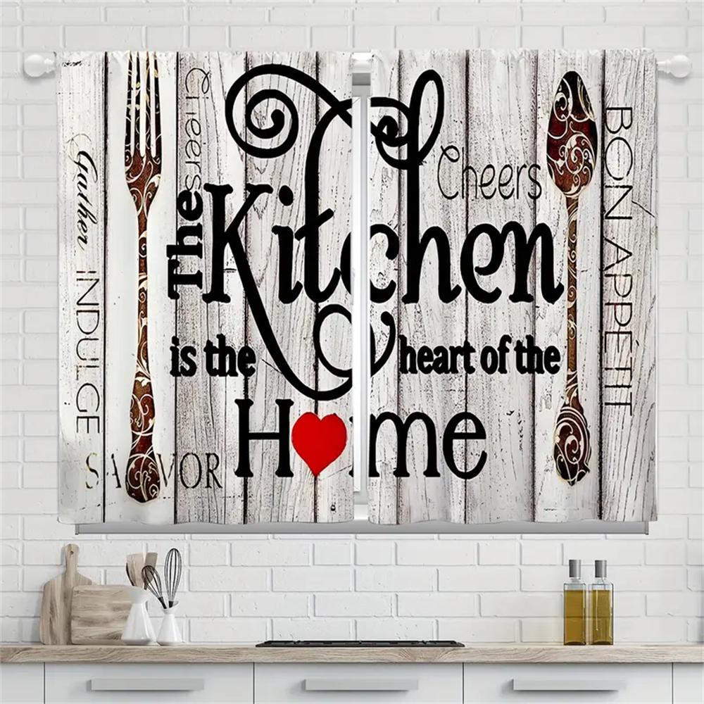 2pcs Farmhouse Kitchen Curtains Rustic Country Short Fork Spoon Knife Savor Vintage Window Treatment For Bedroom Living Room