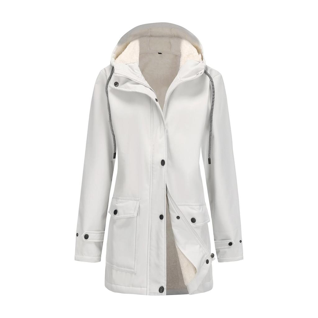 Women’s Trenches Hooded Windbreakers Long Sleeves Fleece Coats Water-resistant Zipper Jackets Autumn Winter Outer Wear