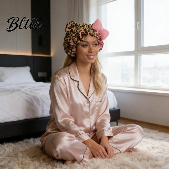 Soft Plush Sleep Hat Leopard Print Sleeping Bowknot 3D Cat Ear Decor Adjustable No Satin Cap Frizz Fit Double Layer Lined Hair Protection Bonnet
