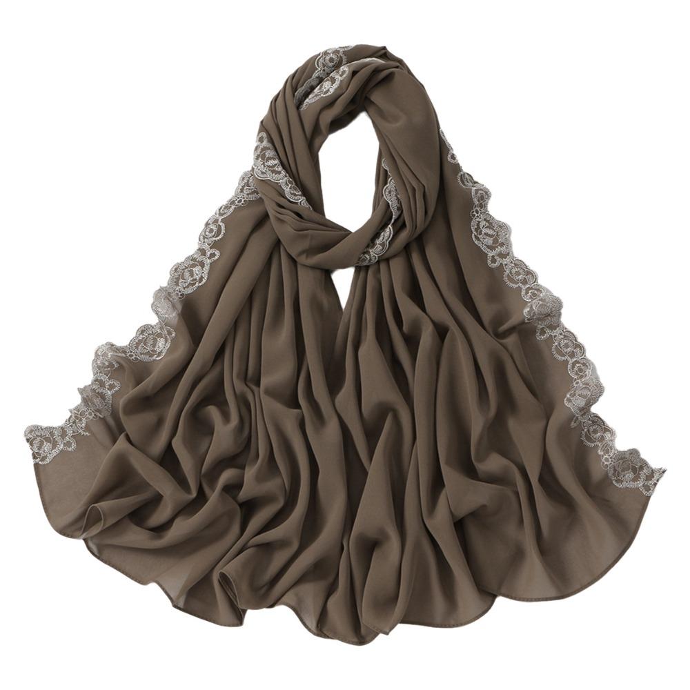 

Embroidered Lace Women Long Shawls Solid Colors Summer Wraps Headscarf Hijab Cover Female Shawl темного кольору хакі