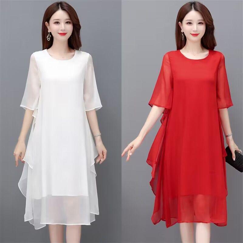 Plus Size Women's Summer Chiffon Long Skirt - Solid Color, Mid-Length, Stylish & Slimming Design