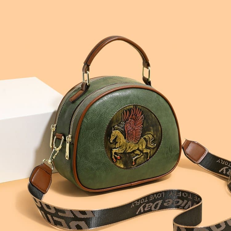 

Vintage embossed soft leather small round bag women s messenger shoulder bag армія зелений колір