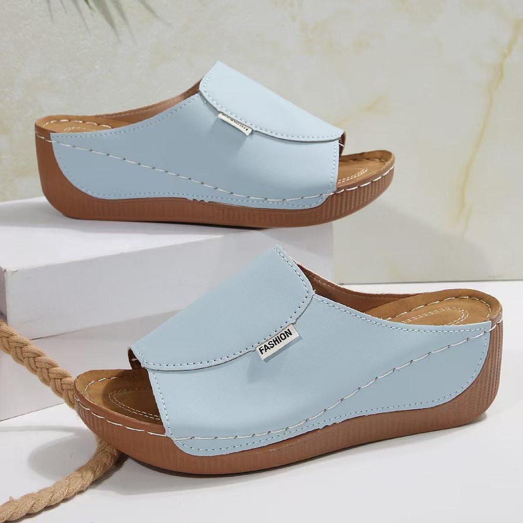 Large Size 43 with Sloping Heel and Thick Bottom Fish Mouth Sandals, Summer Beach Open Toed Shoes with Rocking Line