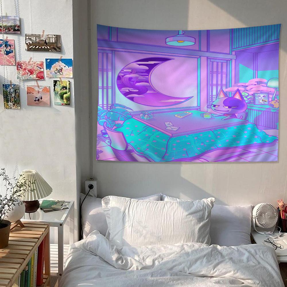 80S Vaporwave Style City Night Street Cat Cartoon Tapestry Wall Hanging Decoration Household Home Decor