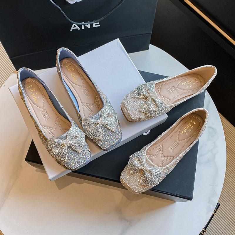 New Flats Shoes for Women Spring Summer Beautiful Crystal Bowknot Slip-on Silk Loafers Girl Comfortable Boat Shoes 35-43