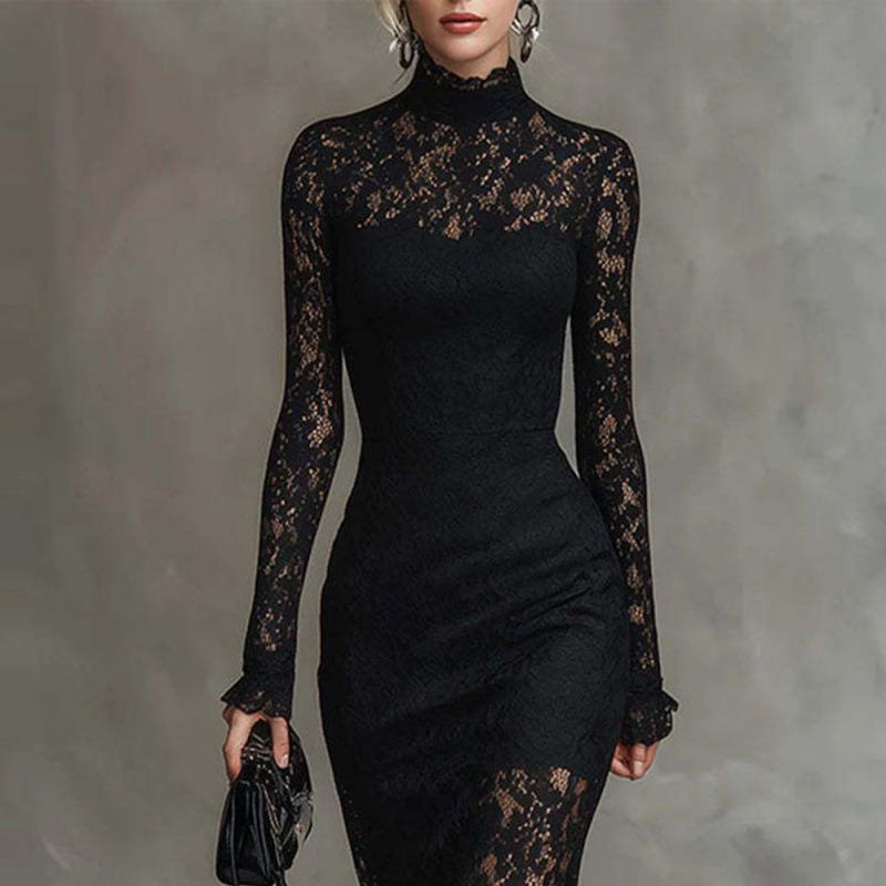 Elegant Cross-border Autumn/Winter Long-sleeved High-waisted Slim-fit Banquet Dress for Women