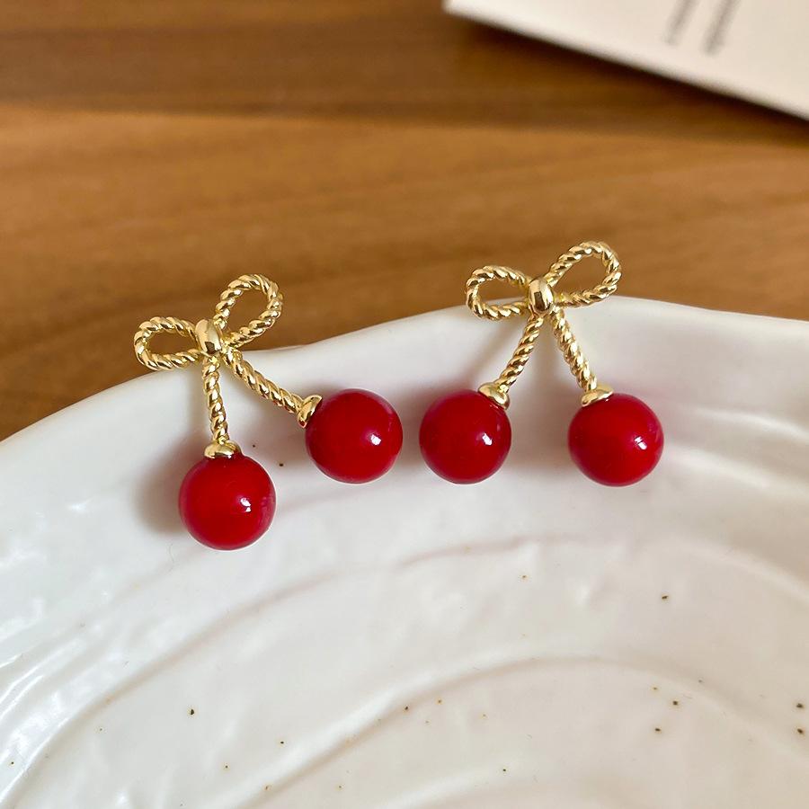 

Real Gold Silver Plated Copper Daily Jewelry Romantic Red Resin Cherry Bowknot Simulation Fruit Dangle Earrings for Women