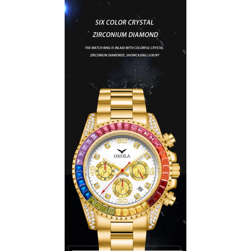 ONOLA Luxus Gold Uhr Herren Automatik Datum Edelstahl Wasserdicht Uhr Mode Regenbogen Iced Diamant Quarz Armbanduhr