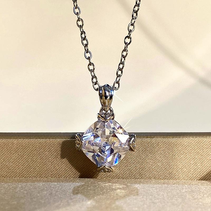 Silver Plated Square Cut Clear Zircon Pendant Necklace