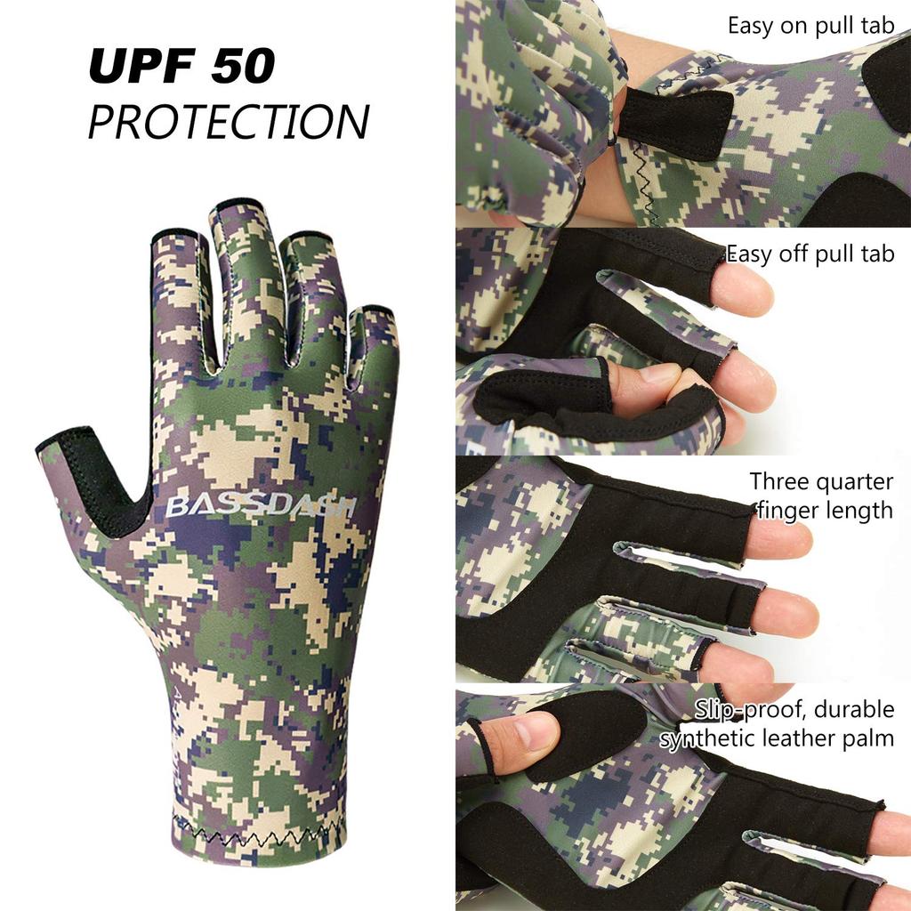 Bassdash Fishing UV Sun Quick Finger Gloves, Protection, Protection, Drying, UPF50+, 3/4
