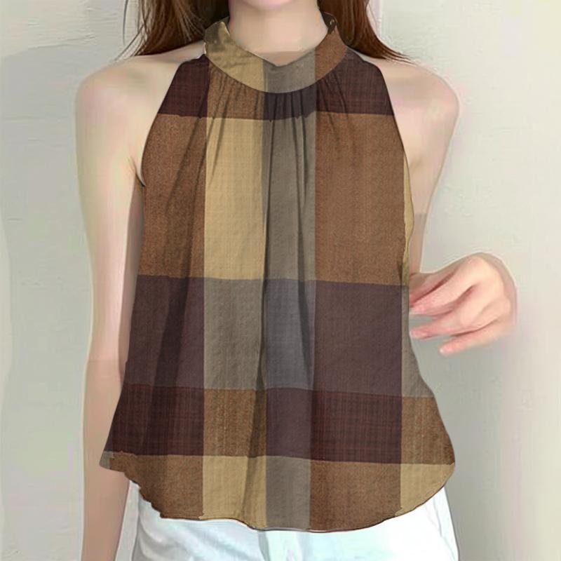 

ZANZEA Женские летние топы без рукавов с принтом в клетку S коричневый