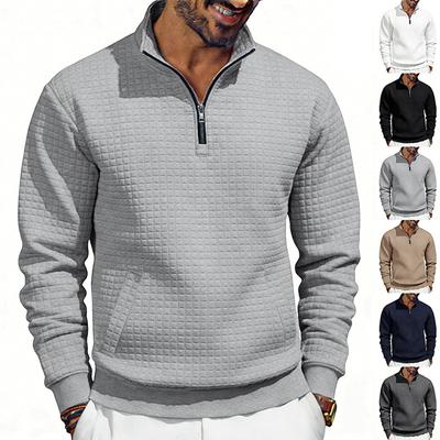 Men Retro Loose Textured Quarter Zip Stand Collar Casual Commute Sweatshirt