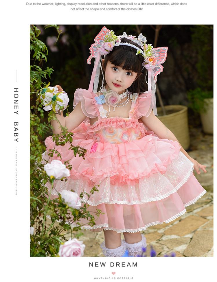 Girl Lolita Princess Dress Summer Lace Children's Super Fairy Flower Fairy Pink Dress Puff Skirt Dress