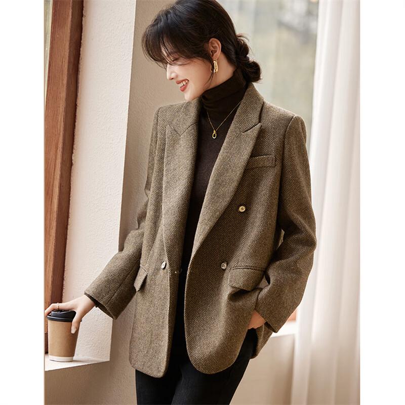 Women's Sheep Wool Blend Padded Herringbone Blazer