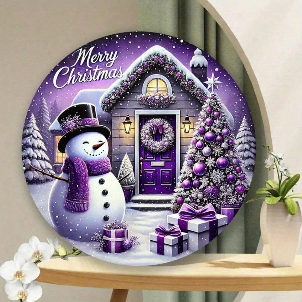 Vintage Purple Snowman Christmas Metal Sign 7.8 Inch Round for Wall Decor Farmhouse Home Bar Cafe Garden Outdoor Indoor