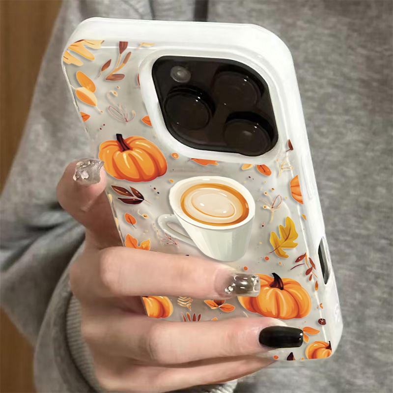 Pumpkin Autumn Leaves Coffee Pattern Phone Case For iPhone 16 Pro Max 17 Air 15 Plus 14 13 12 11 Folds Texture Soft Back Cover