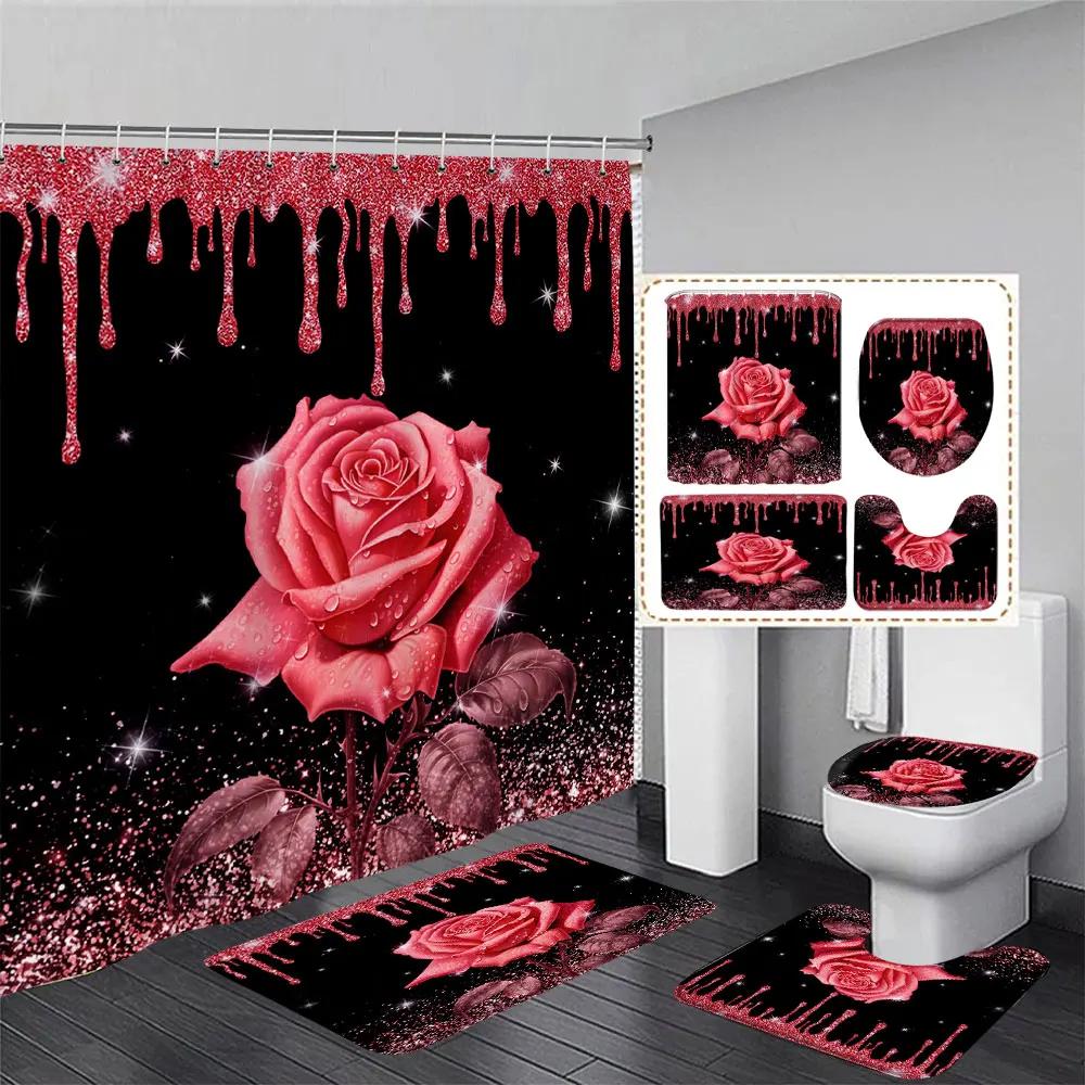 Pink Glitter Rose Shower Curtain and Rug Bathroom Set Floral Pink Glitter Shower Curtains Bath Mat Bathroom Decor with Hooks