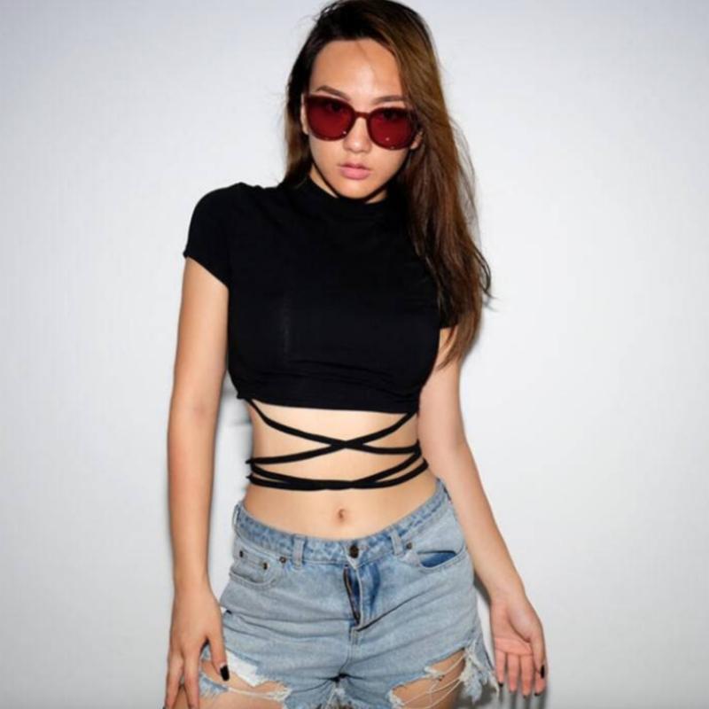 Top Solid Sexy Color Womens Oversized Sexy Open Navel Cross Strap Short Sleeve Tshirt Tightfitting Top