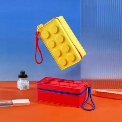 Cute Building Block Shaped Handbag Pen Storage Bag With Rope Portable Stationery Makeup Organizer Bag Home Storage Organizer