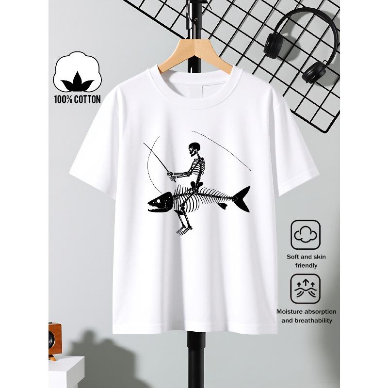 European sizes Boys Casual Short Sleeve T-Shirt with Skeleton Fishing Design Graphic Print-- Fun Summer Design, Regular Fit for Casual Attire