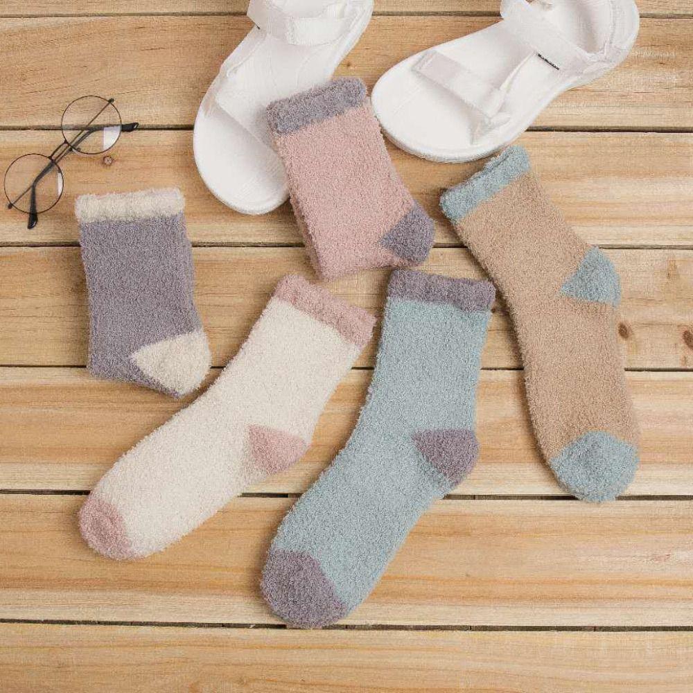 5Pairs Thickened Coral Fleece Socks Patchwork Warm Boat Socks Women  For Female Men
