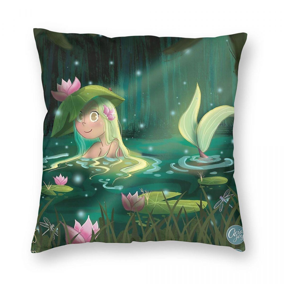 Mermaid In A Lily Pond Pillowcase Polyester Linen Velvet Printed Zip Decorative Pillow Case Room Cushion Cover Peach skin 18*18(CM)-1Pcs