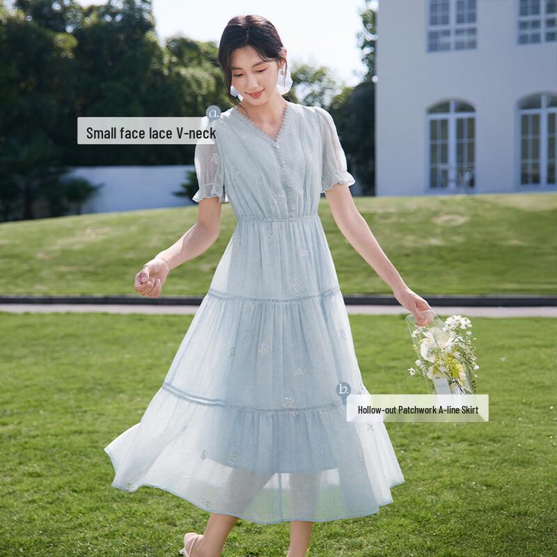 Xiangying Women's V-Neck Lyocell Tencel A-Line Midi Dress