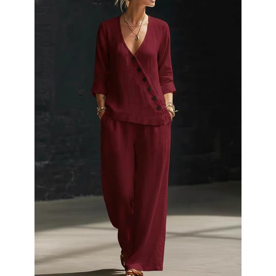 YYFS Women's Fashion Casual Spring Fall Solid Color Print Long Sleeve V-Neck Trousers Pants Suits