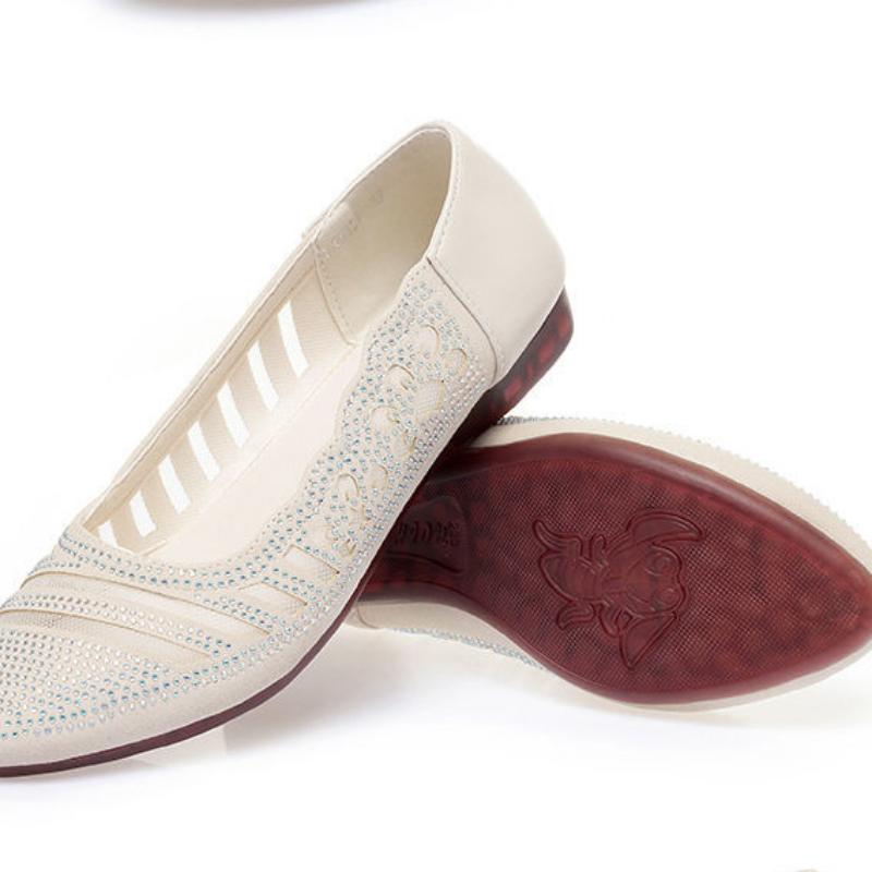 Scarpe da Donna in Morbida Pelle Scarpe da Donna a Punta con Strass e Rete a Bocca Bassa con Suola Morbida e Tacco Basso Sandali Calzature