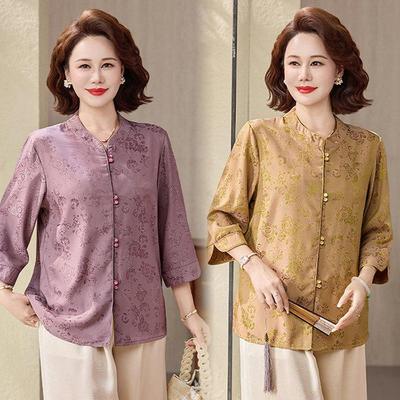 2026 New Seven-Sleeve Printed Chiffon Top for Women Over 50 - Elegant Spring/Summer Style