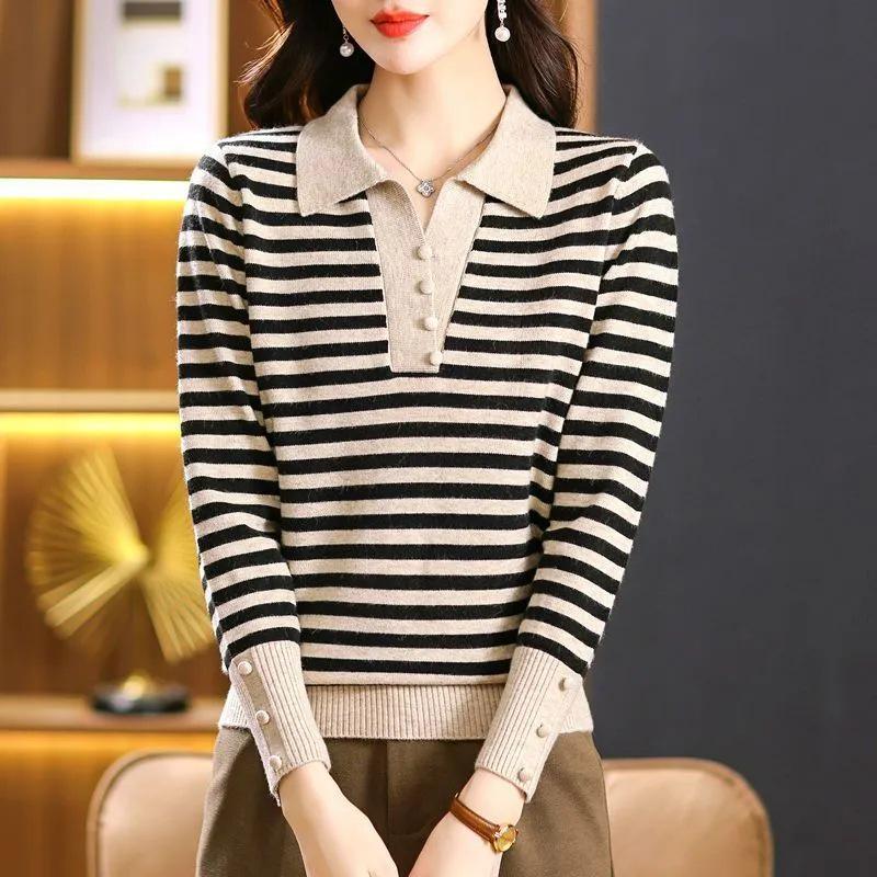 Stylish Women's Lapel Knit Sweater - Spring/Autumn Short Pullover for Middle-aged