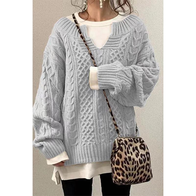 Suéter de Punto Casual de Color Sólido de Moda Tendencia Otoño Invierno para Mujer, Cuello en V, Básico, Jersey