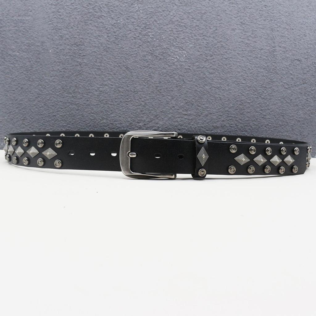 Genuine Cowhide Western Rivet Leather Belt with Diamond Gothic Accessories - Y2K Style