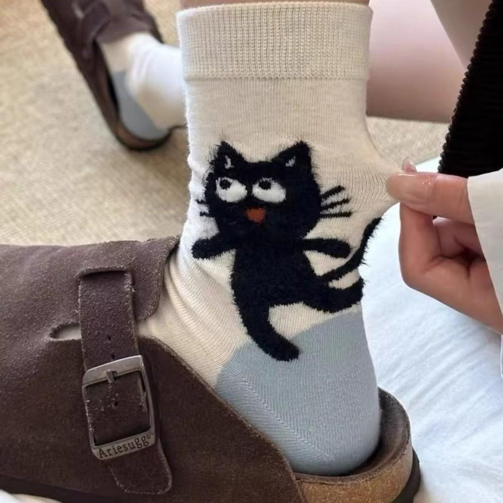1/4Pairs Casual Women's Socks Cute Cartoon Cat Floor Socks Trendy Loose Socks Autumn Winter