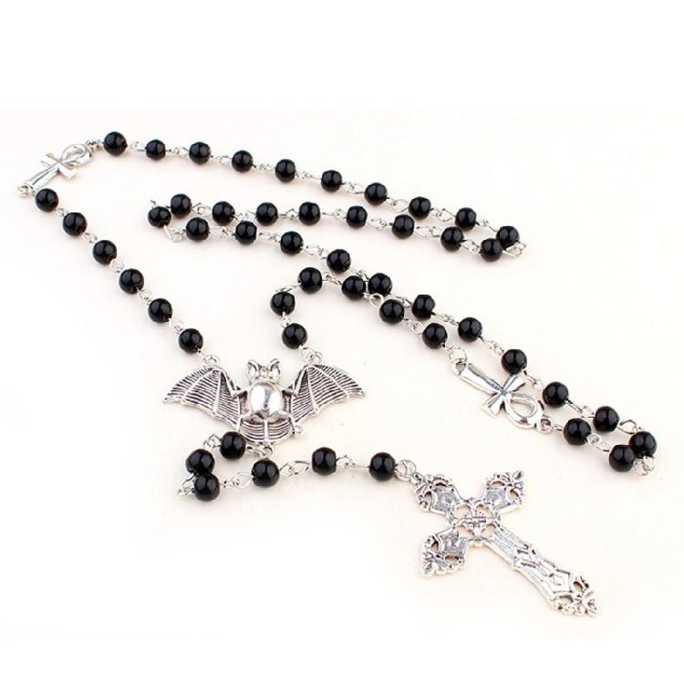 Gothic Punk Cool Rosary Beaded Necklace Ankh Cross Black Beads Bat Necklace
