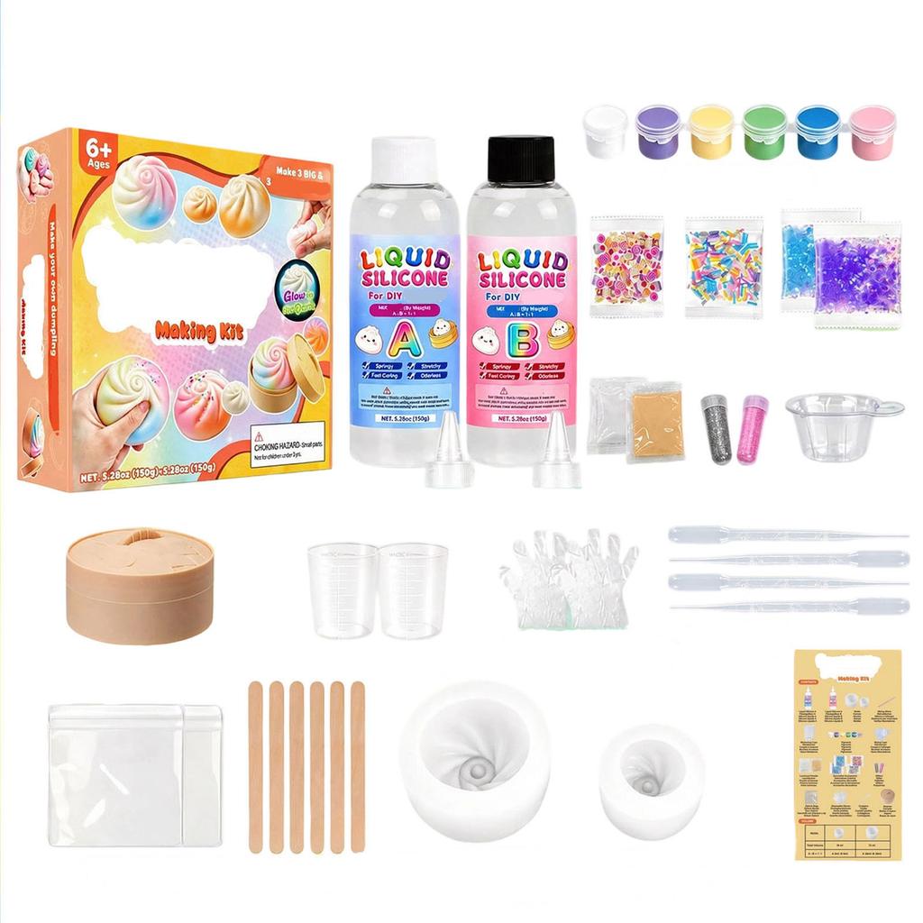 DIY Making, Quick-Dry Silicone Material Set, Ultra Soft, Bun Toy Set with Fluorescent, 150ml + 150ml