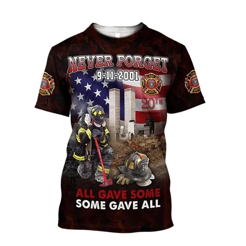Firefighter Fire Simulation Drill Pattern 3D Print Cross-border New Men's Casual Short-Sleeve T-Shirt Factory Direct Sale