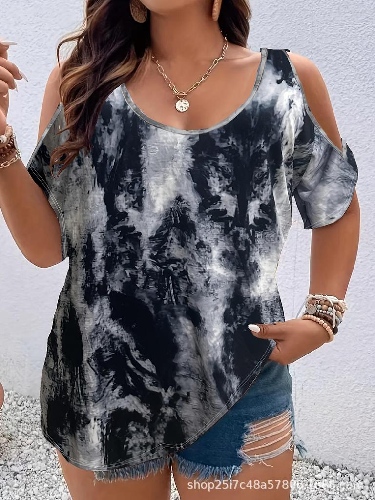 Plus Size Leopard Print Off-Shoulder Short Sleeve Women's Top - Spring/Summer