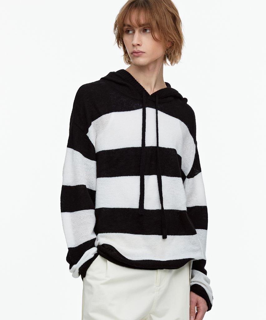 FALLETT Striped Sheer Knit Hoodie Red