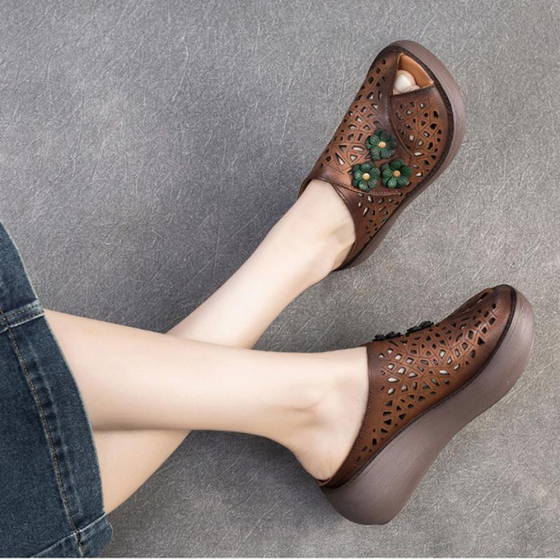 Johnature Дышащие тапочки с открытым носком в стиле ретро, повседневные универсальные женские туфли на танкетке из натуральной кожи