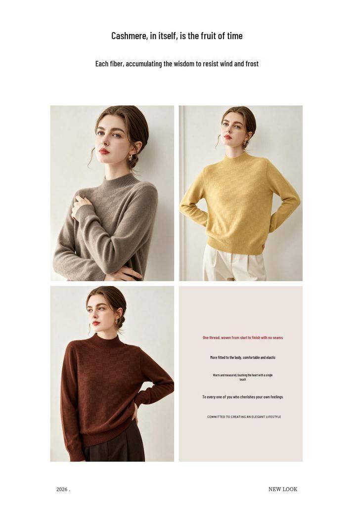 Lekasha Women's High Neck Waffle Knit 100% Pure Cashmere Sweater - Long Sleeve, Autumn/Winter